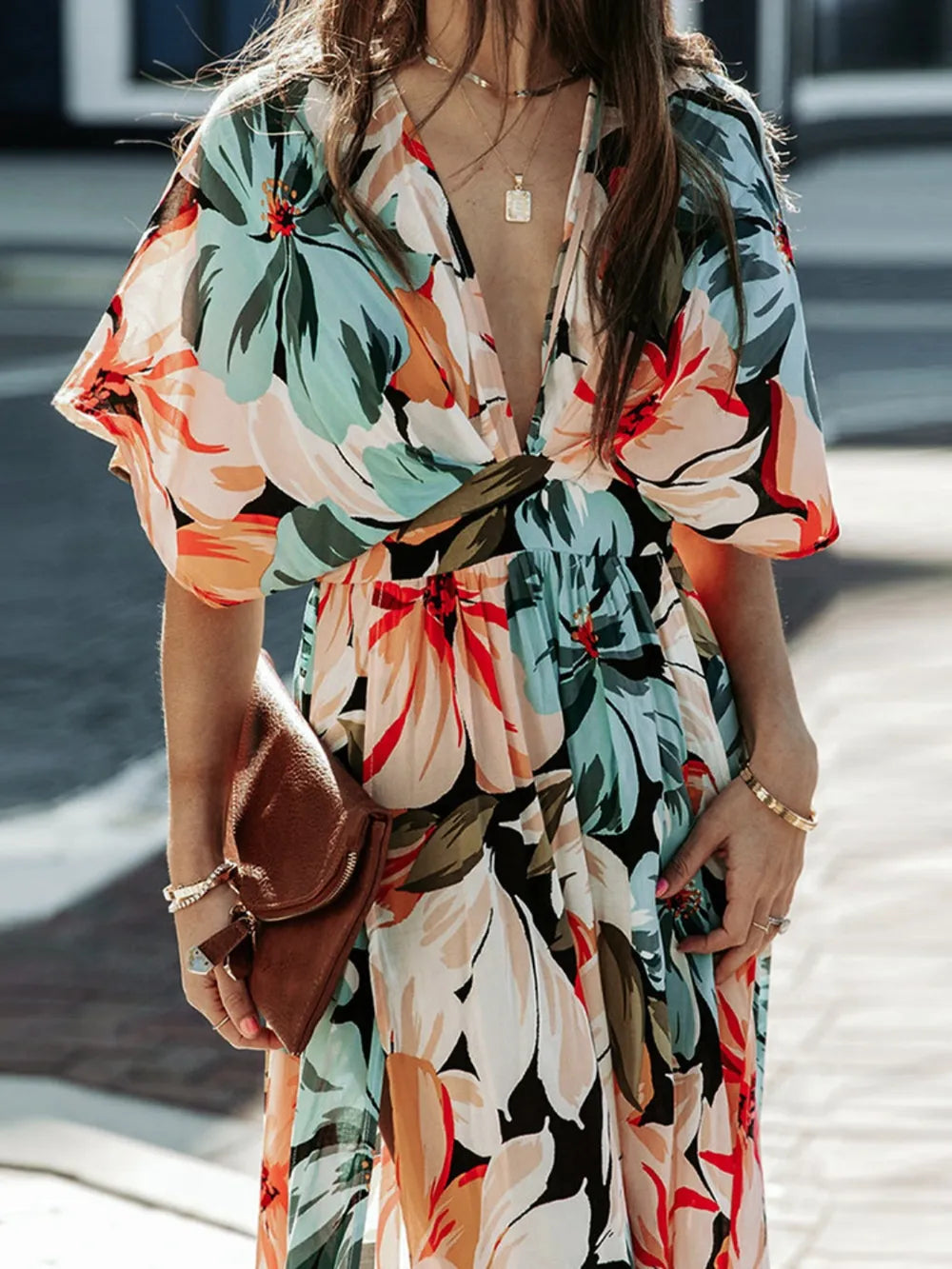 Floral Plunge Half Sleeve Dress-Krush Kandy, Women's Online Fashion Boutique Located in Phoenix, Arizona (Scottsdale Area)
