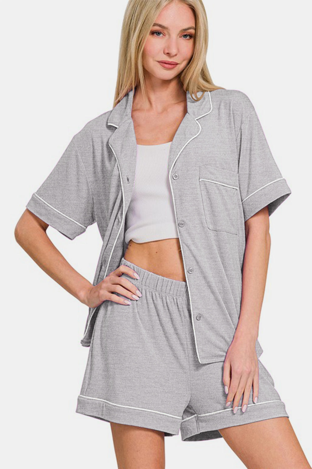 Zenana Button Down Short Sleeve Top and Shorts Lounge Set-Loungewear-Krush Kandy, Women's Online Fashion Boutique Located in Phoenix, Arizona (Scottsdale Area)