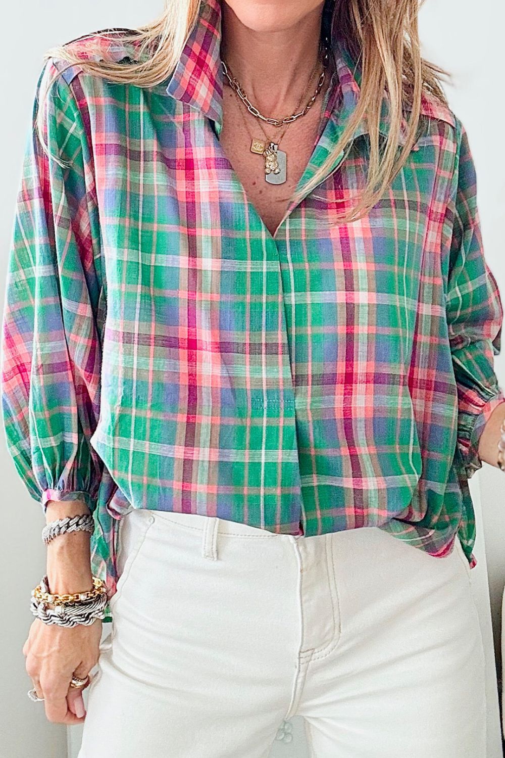 Plaid Collared Neck Three-Quarter Sleeve Shirt-Krush Kandy, Women's Online Fashion Boutique Located in Phoenix, Arizona (Scottsdale Area)