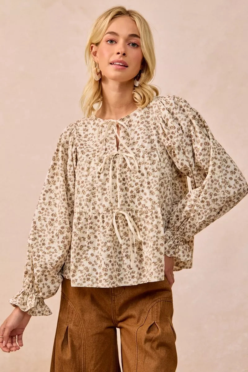 BiBi Floral Printed Peplum Blouse with Shirring and Tied-Tops-Krush Kandy, Women's Online Fashion Boutique Located in Phoenix, Arizona (Scottsdale Area)