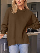 Slit Round Neck Dropped Shoulder Sweater-Krush Kandy, Women's Online Fashion Boutique Located in Phoenix, Arizona (Scottsdale Area)