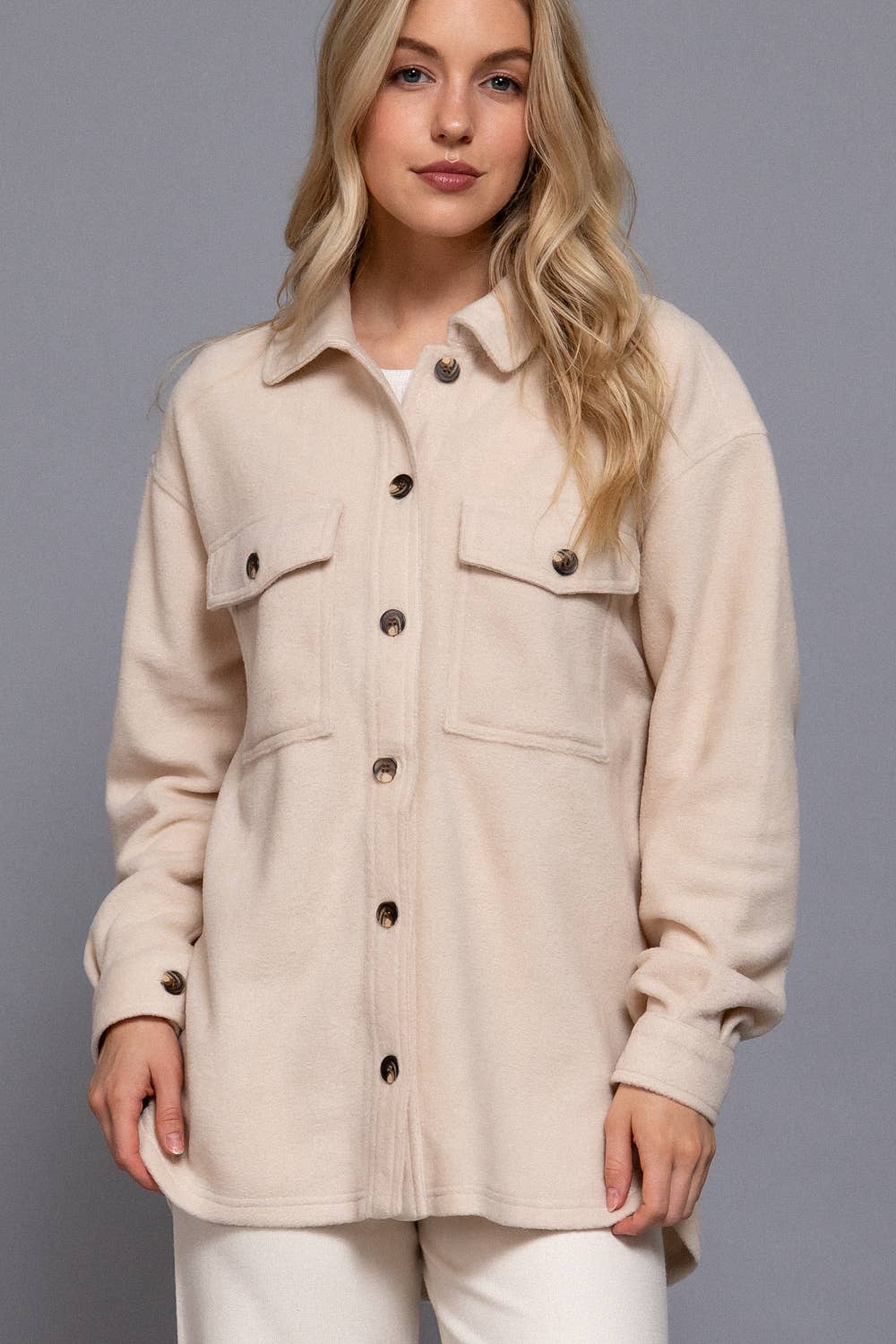 Long Sleeve Notched Collar Front Pocket Fleece Jacket-Coats-Krush Kandy, Women's Online Fashion Boutique Located in Phoenix, Arizona (Scottsdale Area)