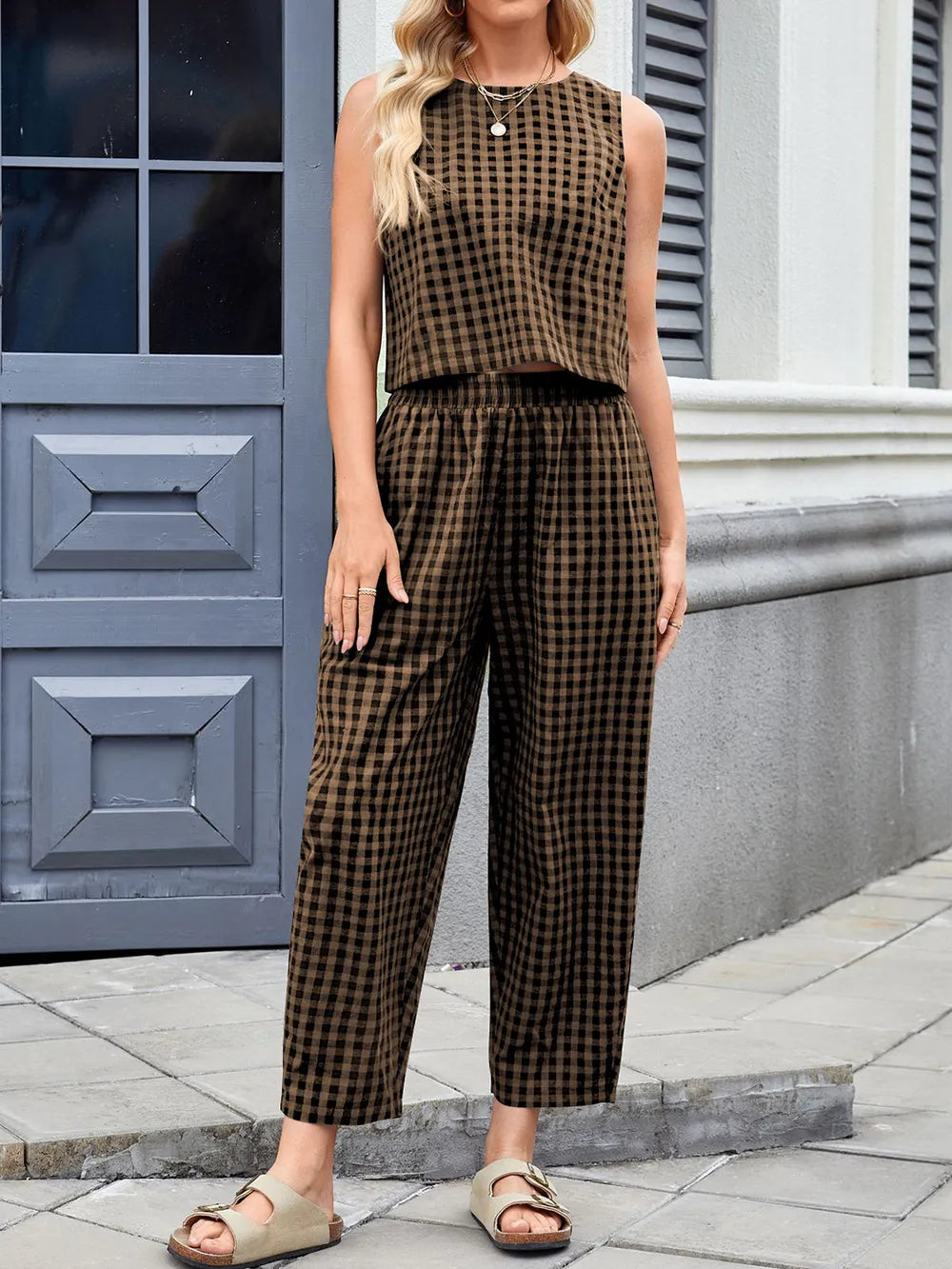 Lovelet Plaid Round Neck Sleeveless Top and Pants Set-2 Piece Outfit Sets-Krush Kandy, Women's Online Fashion Boutique Located in Phoenix, Arizona (Scottsdale Area)