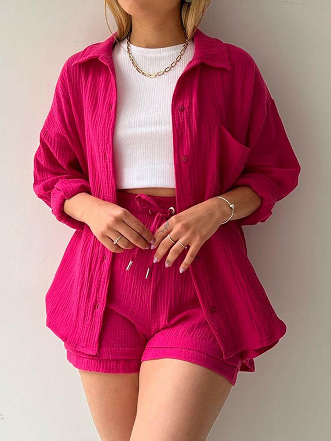 Kinsley Texture Button-Up Shirt and Drawstring Shorts Set-Krush Kandy, Women's Online Fashion Boutique Located in Phoenix, Arizona (Scottsdale Area)