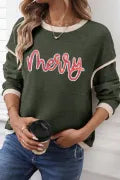 Merry Patched Graphic Contrast Trim Christmas Knitted Long Sleeve Top-Long Sleeve Tops-Krush Kandy, Women's Online Fashion Boutique Located in Phoenix, Arizona (Scottsdale Area)