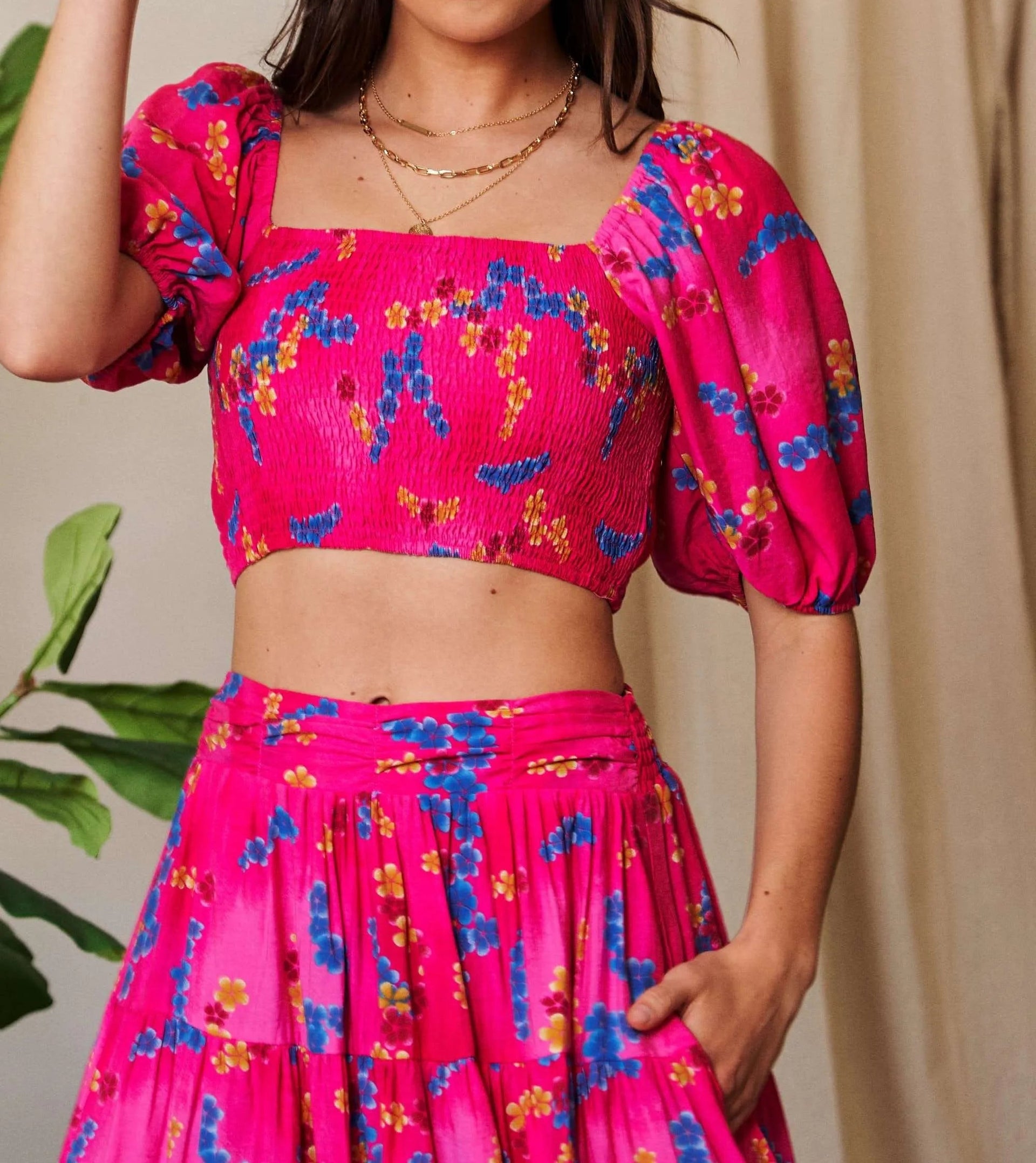 Davi & Dani Smocing Bodice Puff Short Sleeve Printed Crop Top-2 Piece Outfit Sets-Krush Kandy, Women's Online Fashion Boutique Located in Phoenix, Arizona (Scottsdale Area)