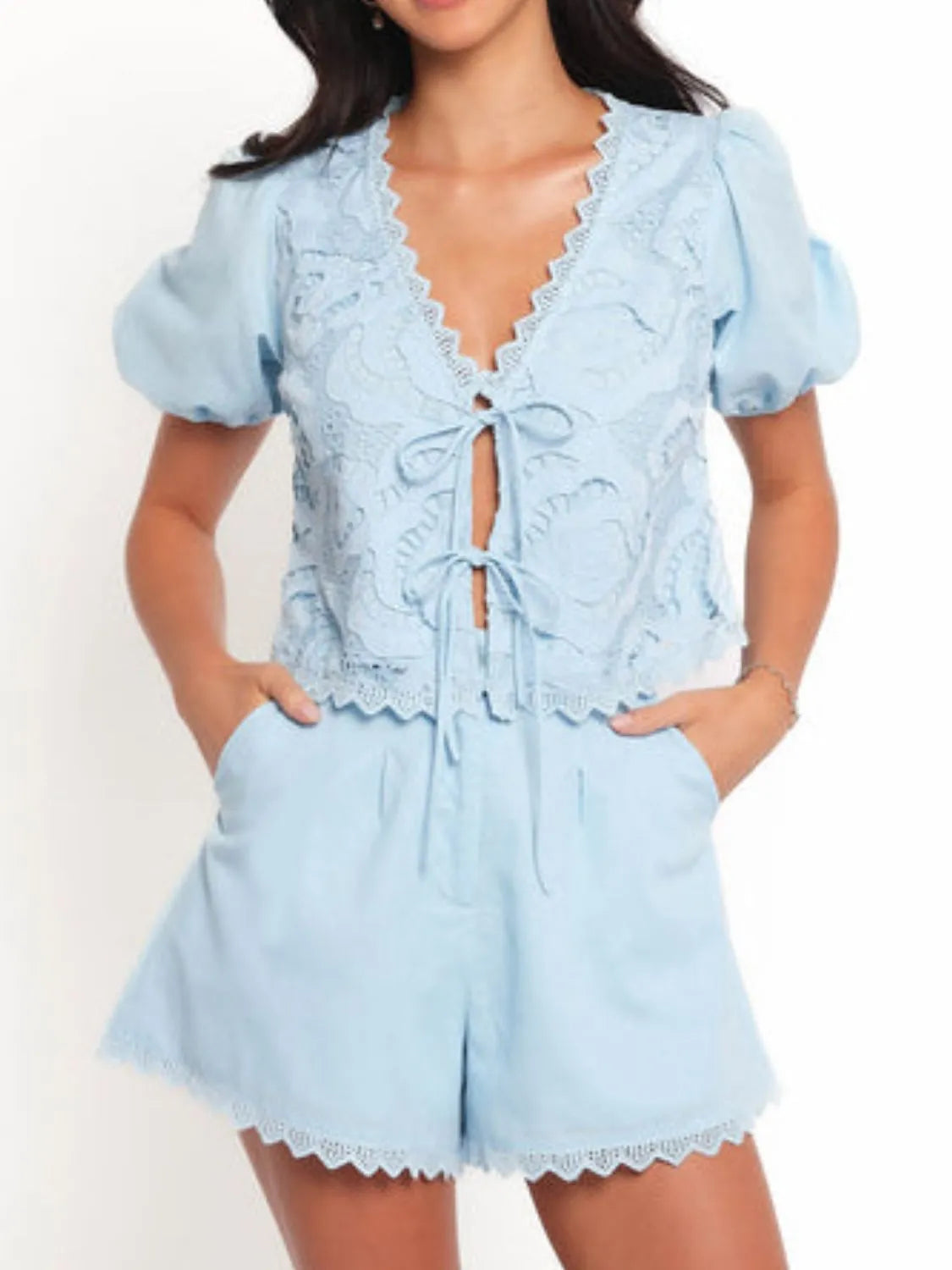Lace Detail V-Neck Top and Shorts Set-2 Piece Outfit Sets-Krush Kandy, Women's Online Fashion Boutique Located in Phoenix, Arizona (Scottsdale Area)