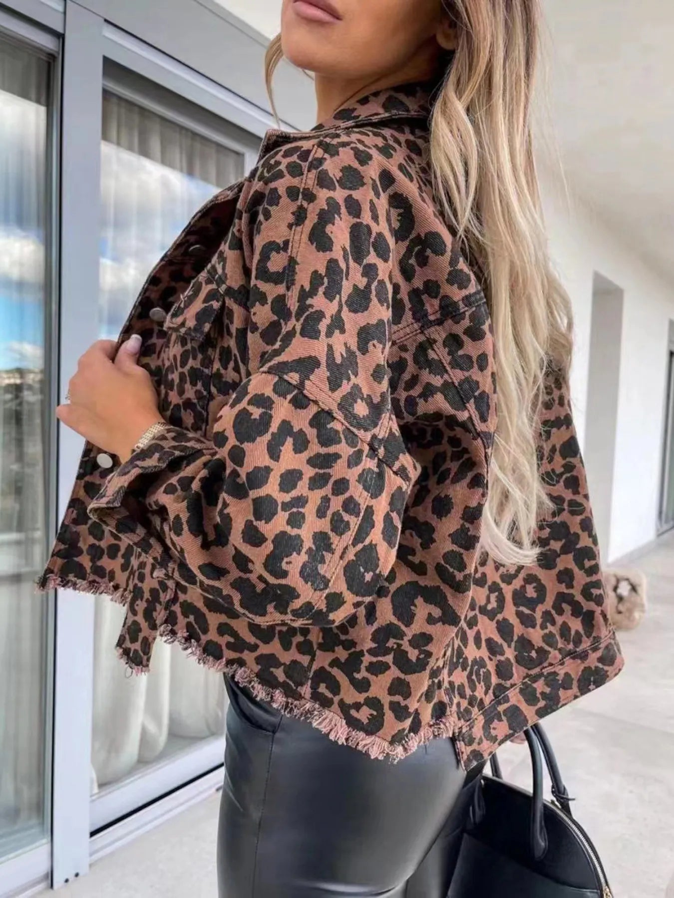 Leopard Print Raw Hem Denim Jacket-Jackets-Krush Kandy, Women's Online Fashion Boutique Located in Phoenix, Arizona (Scottsdale Area)