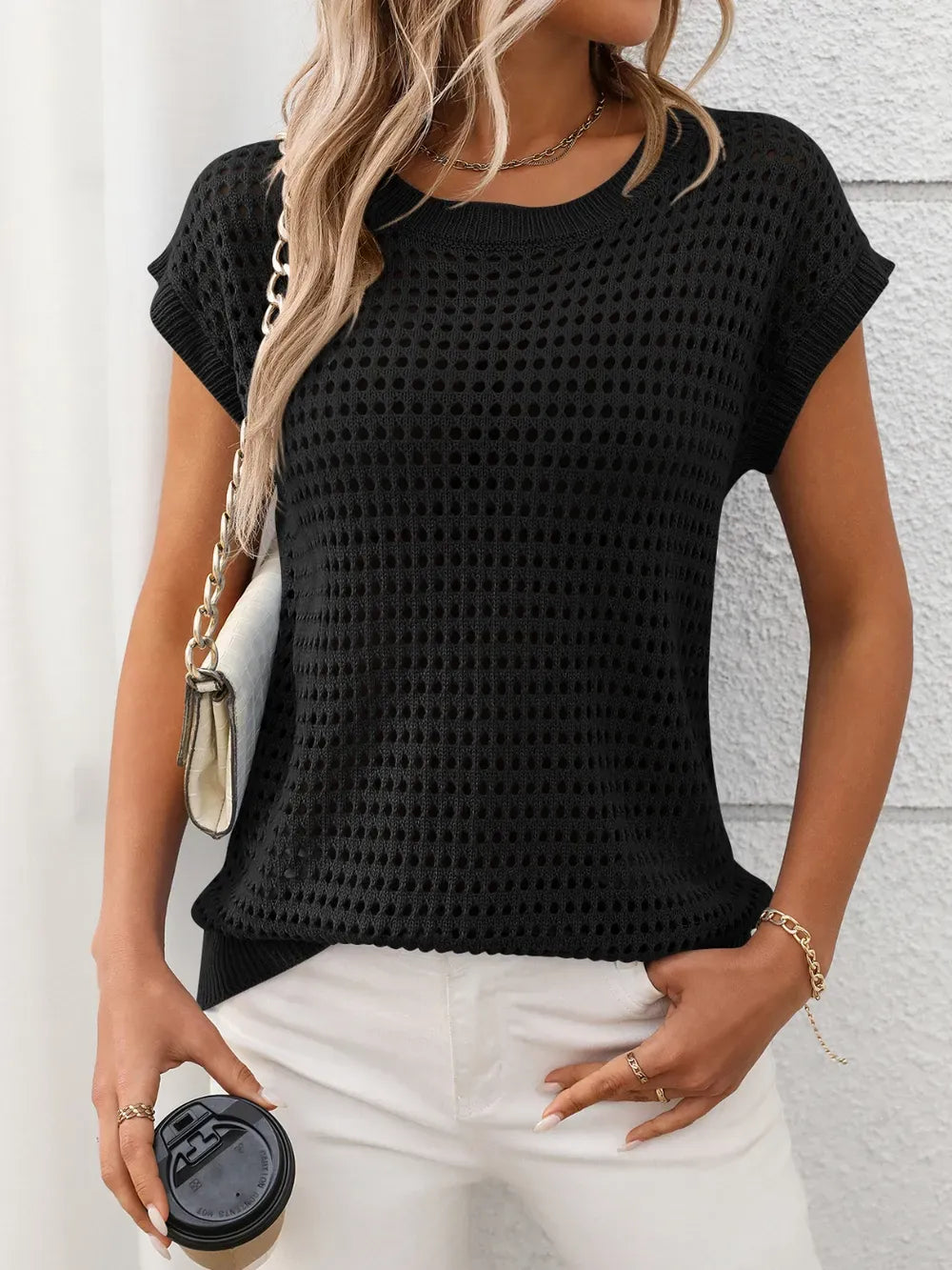 Openwork Round Neck Short Sleeve Knit Cover Up-Krush Kandy, Women's Online Fashion Boutique Located in Phoenix, Arizona (Scottsdale Area)