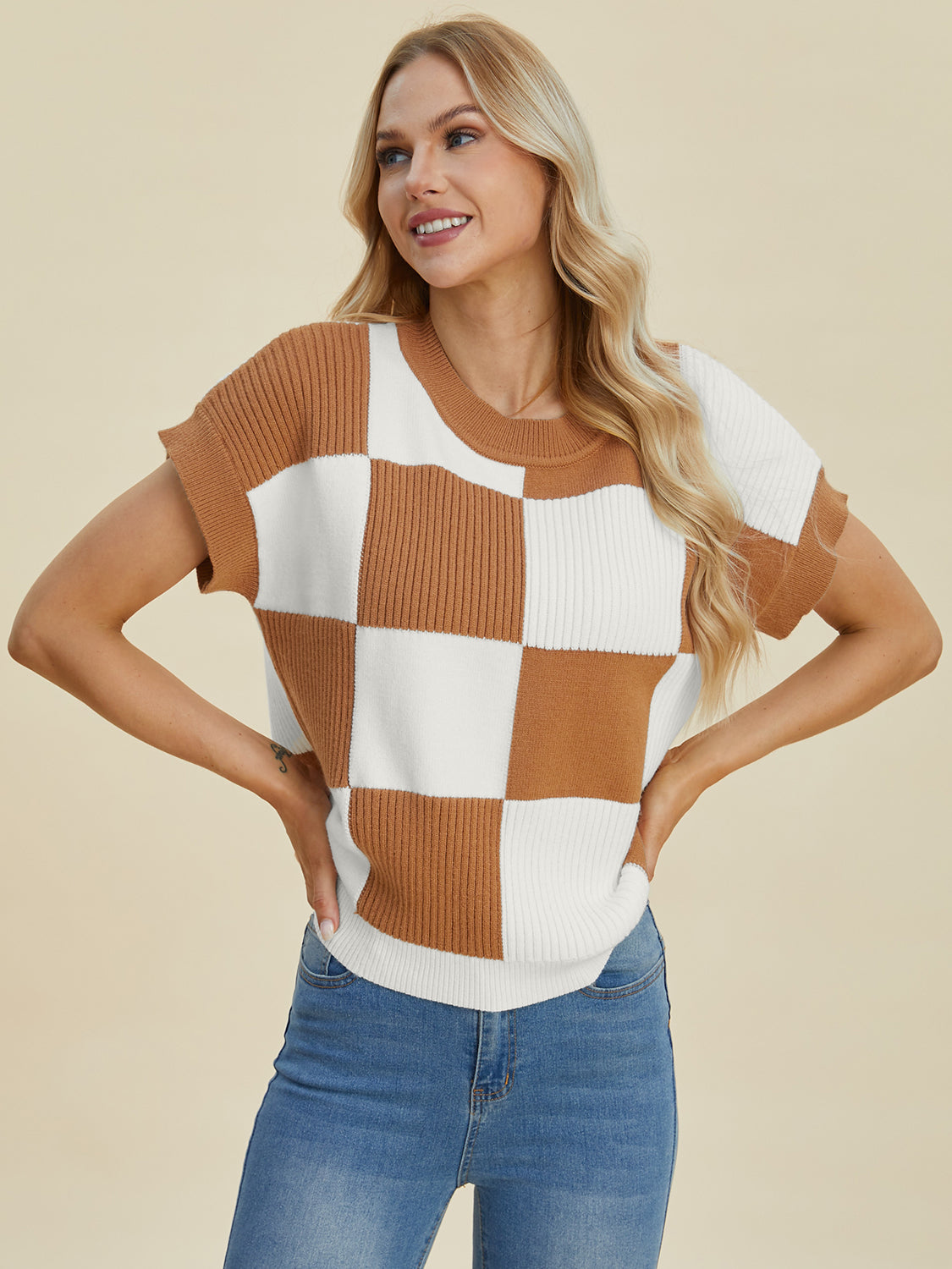 Double Take Full Size Checkered Round Neck Short Sleeve Sweater-Krush Kandy, Women's Online Fashion Boutique Located in Phoenix, Arizona (Scottsdale Area)