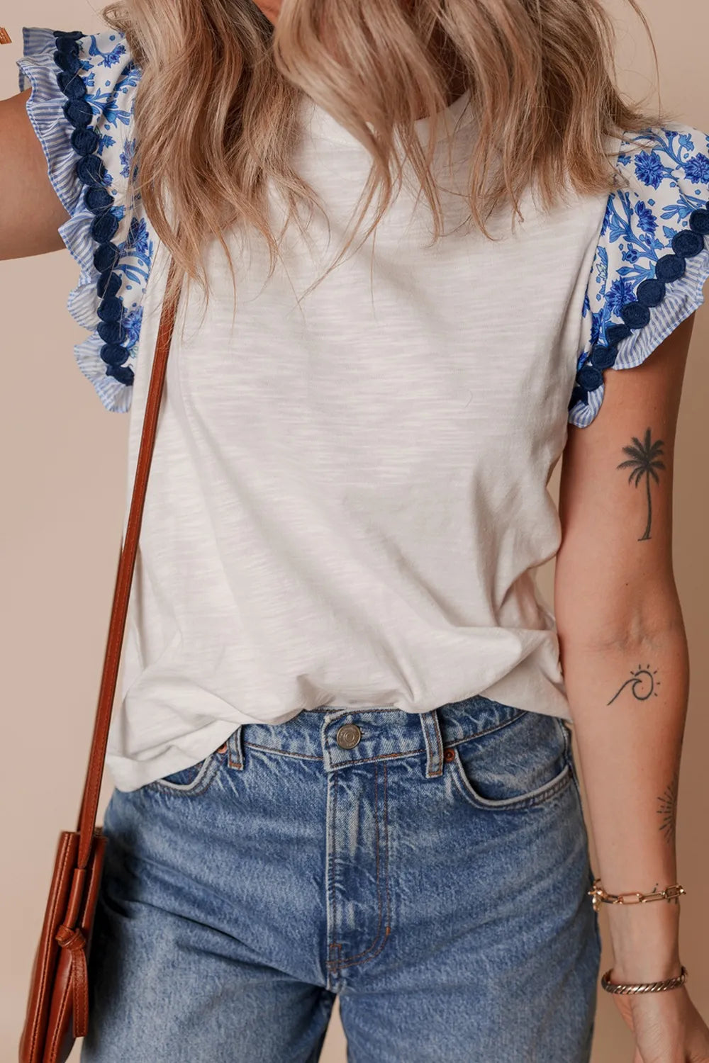 Round Neck Printed Ruffled Cap Sleeve Blouse-Tops-Krush Kandy, Women's Online Fashion Boutique Located in Phoenix, Arizona (Scottsdale Area)