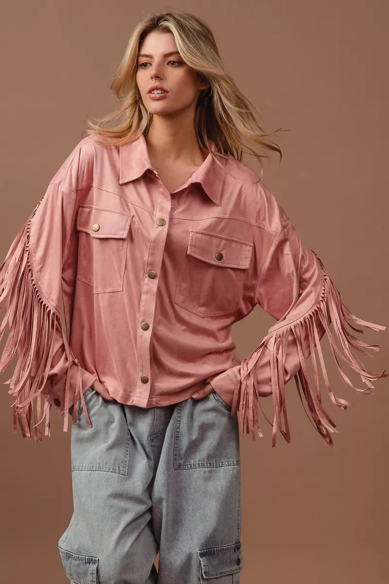 BiBi Suede Fringe Long Sleeve Jacket-Jacket-Krush Kandy, Women's Online Fashion Boutique Located in Phoenix, Arizona (Scottsdale Area)