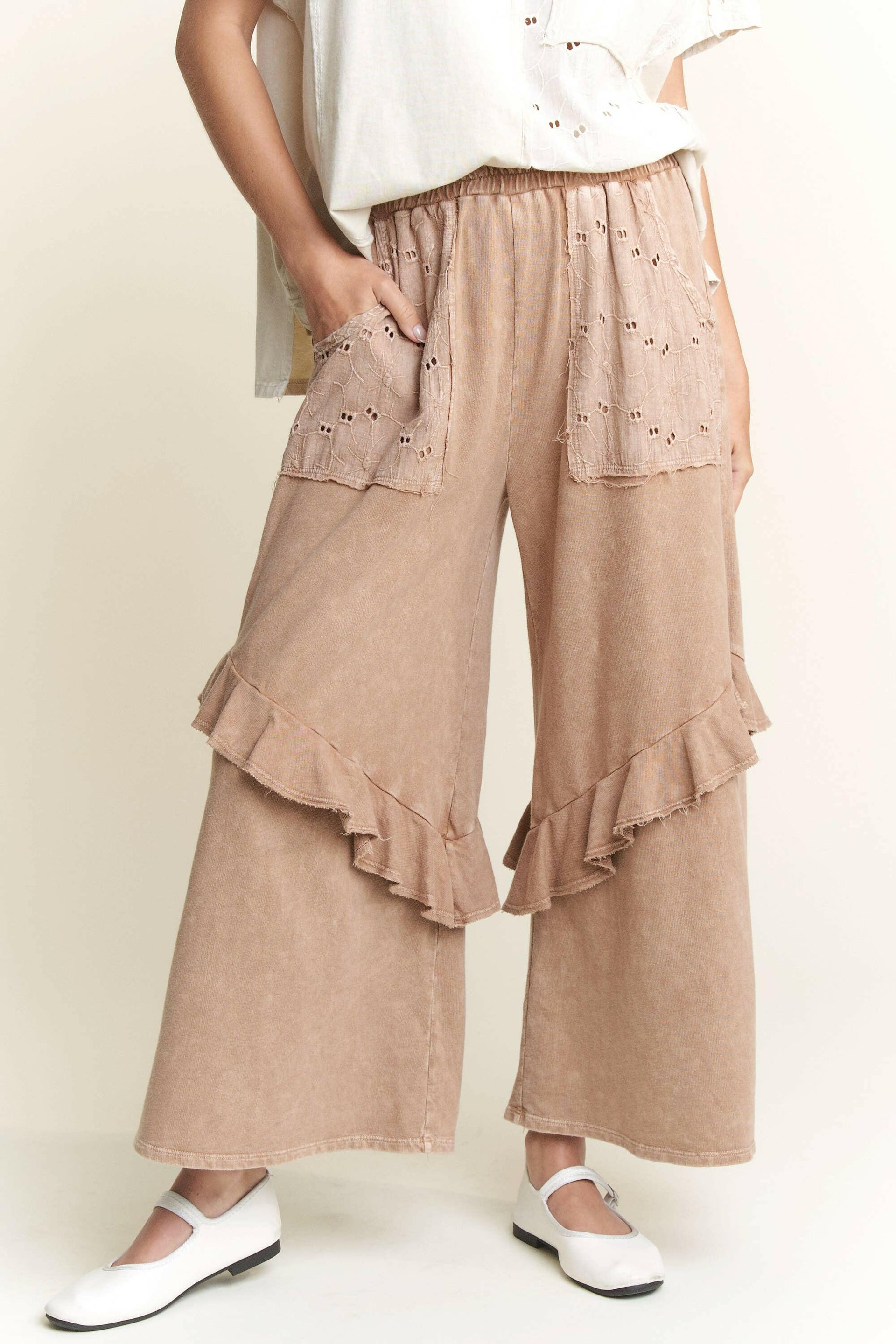 J.HER Mineral Wash Eyelet Pocket Ruffle Pants-Krush Kandy, Women's Online Fashion Boutique Located in Phoenix, Arizona (Scottsdale Area)