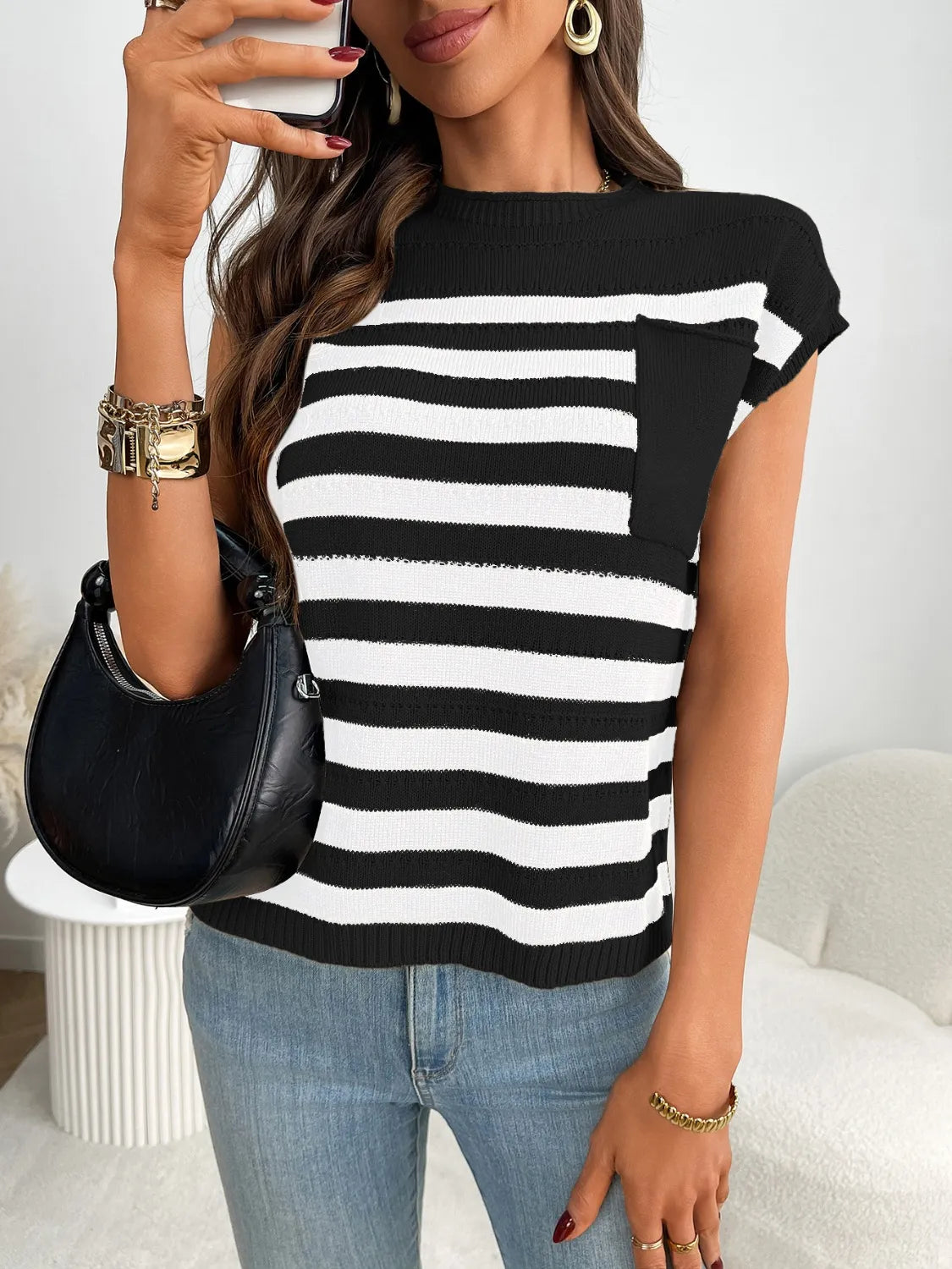Striped Mock Neck Cap Sleeve Knit Top-Tops-Krush Kandy, Women's Online Fashion Boutique Located in Phoenix, Arizona (Scottsdale Area)