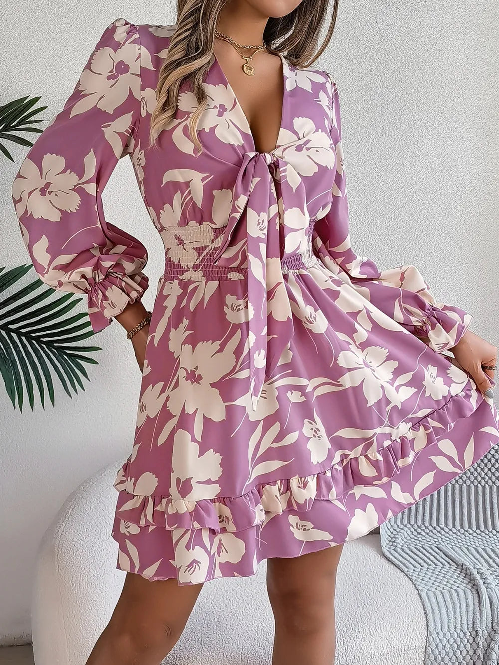 Tied Ruffled Printed Long Sleeve Dress-Krush Kandy, Women's Online Fashion Boutique Located in Phoenix, Arizona (Scottsdale Area)