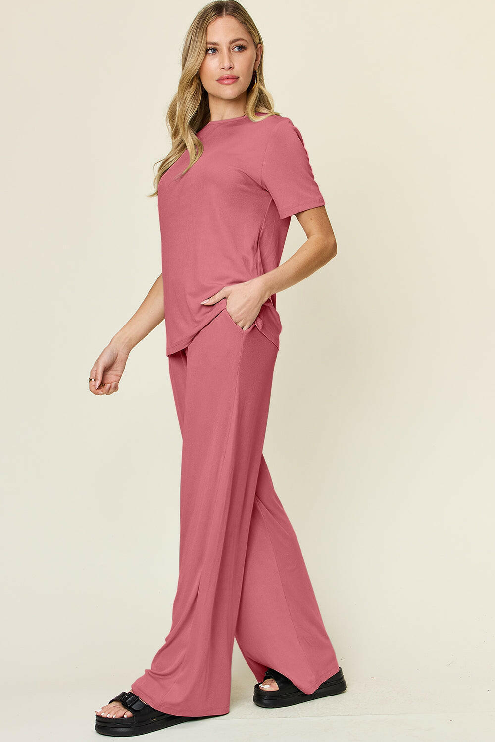 Double Take Full Size Round Neck Short Sleeve T-Shirt and Wide Leg Pants Set-Krush Kandy, Women's Online Fashion Boutique Located in Phoenix, Arizona (Scottsdale Area)