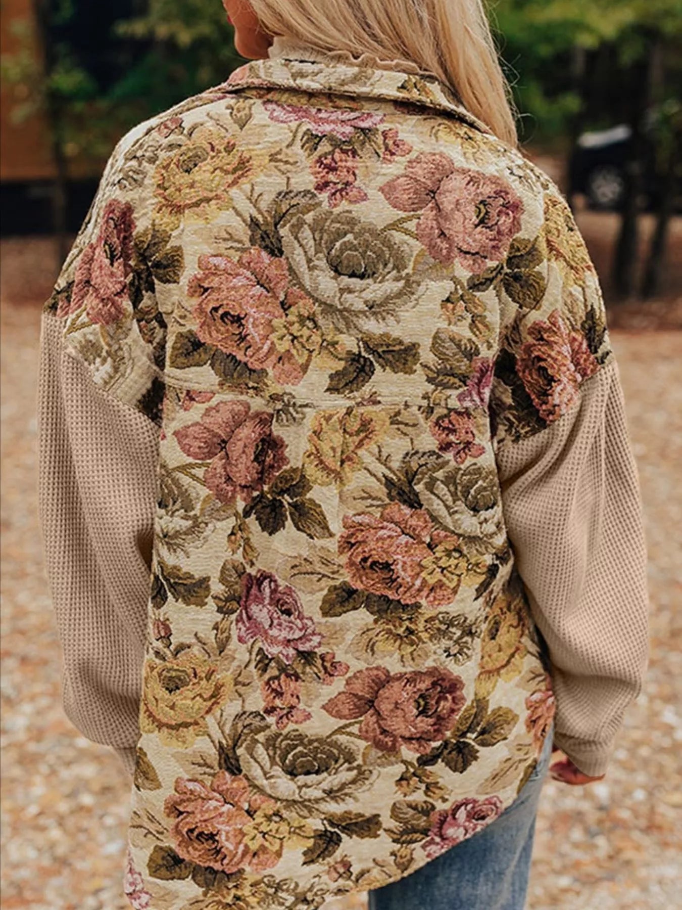 Floral Waffle Knit Patchwork Chest Pockets Buttoned Jacket-Jacket-Krush Kandy, Women's Online Fashion Boutique Located in Phoenix, Arizona (Scottsdale Area)