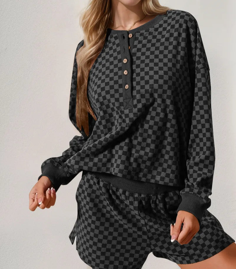 Double Take Checkered Half Button Top and Shorts Set-2 Piece Outfit Sets-Krush Kandy, Women's Online Fashion Boutique Located in Phoenix, Arizona (Scottsdale Area)