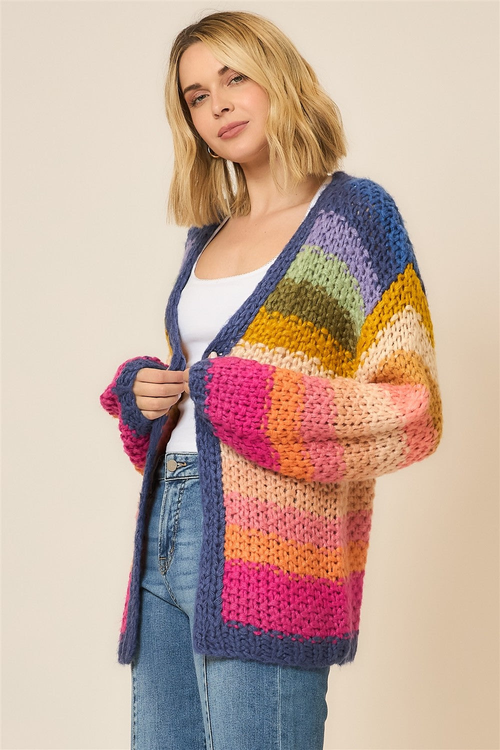 Multi Color Lantern Sleeve Handmade Large Gauge Cardigan-Cardigans-Krush Kandy, Women's Online Fashion Boutique Located in Phoenix, Arizona (Scottsdale Area)