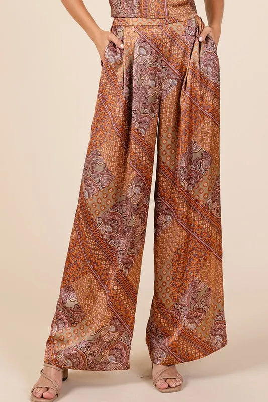 Mittoshop Paisley Patchwork Print Satin Wide Leg Pants-pants-Krush Kandy, Women's Online Fashion Boutique Located in Phoenix, Arizona (Scottsdale Area)