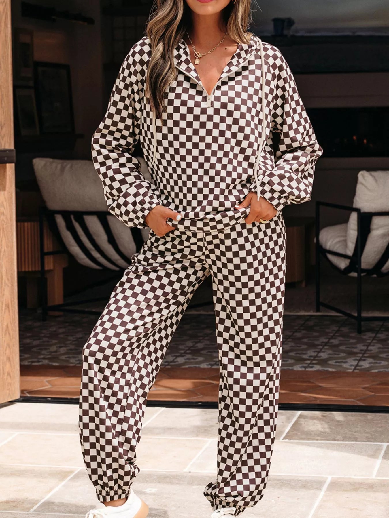 Checkered Drawstring Hoodie and Pants Set-2 Piece Outfit Sets-Krush Kandy, Women's Online Fashion Boutique Located in Phoenix, Arizona (Scottsdale Area)