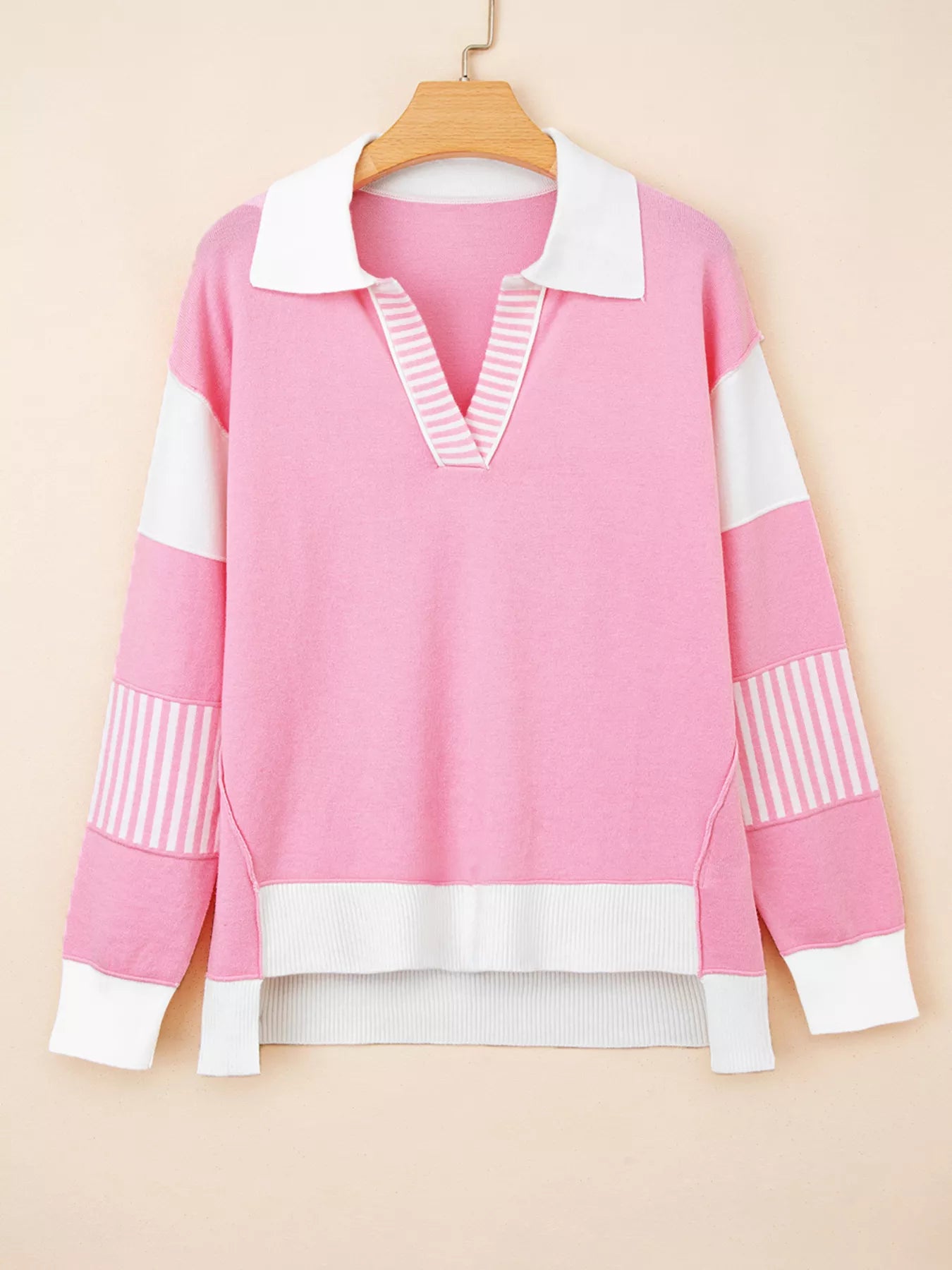 Contrasting Polo Collar Color Block Knit Drop Shoulder Sweater-Sweater-Krush Kandy, Women's Online Fashion Boutique Located in Phoenix, Arizona (Scottsdale Area)
