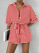 Tie Waist Half Button Striped Romper-Jumpsuits & Rompers-Krush Kandy, Women's Online Fashion Boutique Located in Phoenix, Arizona (Scottsdale Area)
