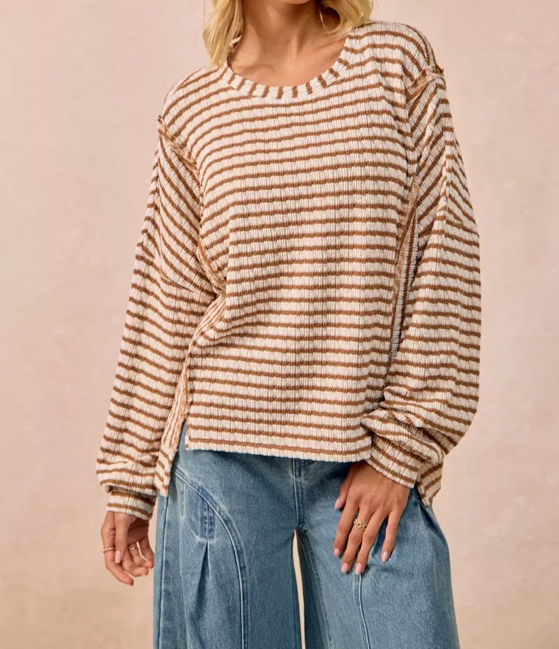 BiBi Open Seam Detail Textured Stripe Knit Top-Sweaters-Krush Kandy, Women's Online Fashion Boutique Located in Phoenix, Arizona (Scottsdale Area)