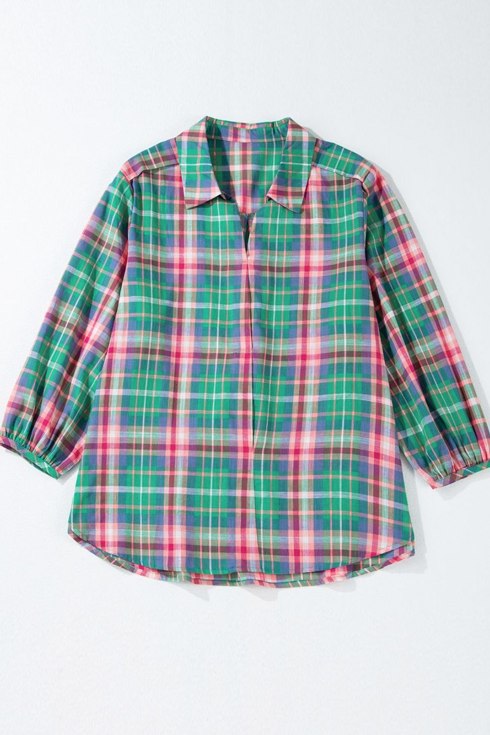 Plaid Collared Neck Three-Quarter Sleeve Shirt-Krush Kandy, Women's Online Fashion Boutique Located in Phoenix, Arizona (Scottsdale Area)