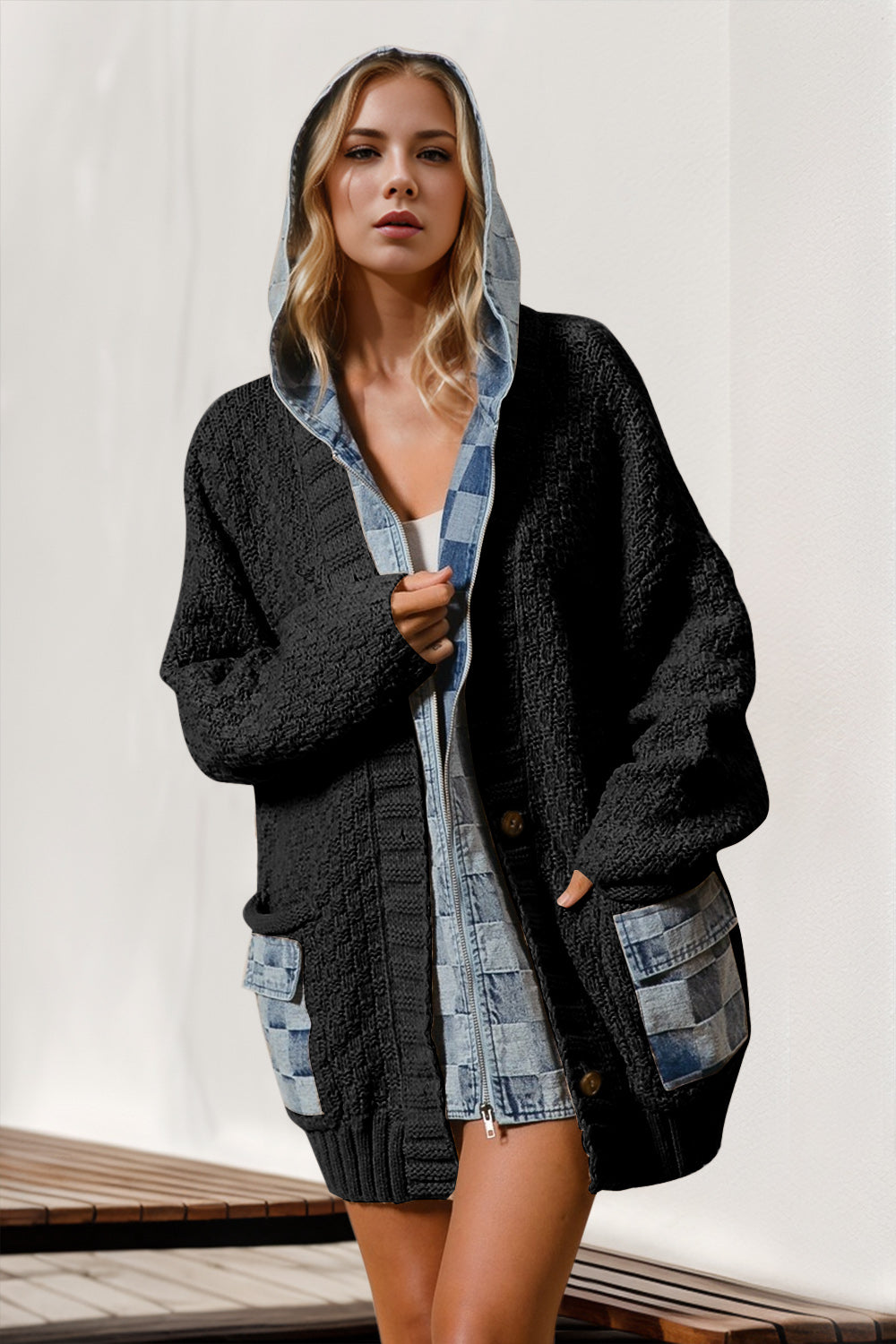 Full Size Hooded Denim Spliced Sweater Cardigan-Cardigans-Krush Kandy, Women's Online Fashion Boutique Located in Phoenix, Arizona (Scottsdale Area)