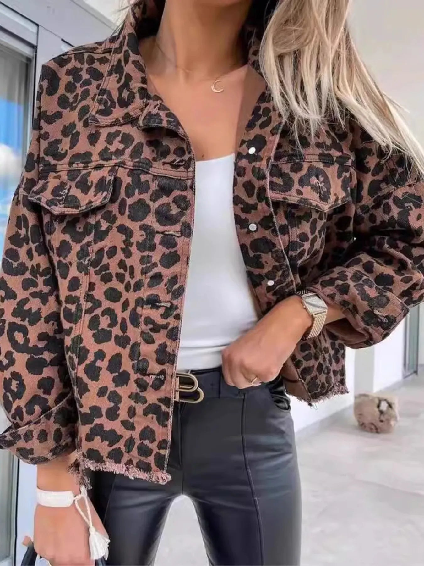 Leopard Print Raw Hem Denim Jacket-Jackets-Krush Kandy, Women's Online Fashion Boutique Located in Phoenix, Arizona (Scottsdale Area)