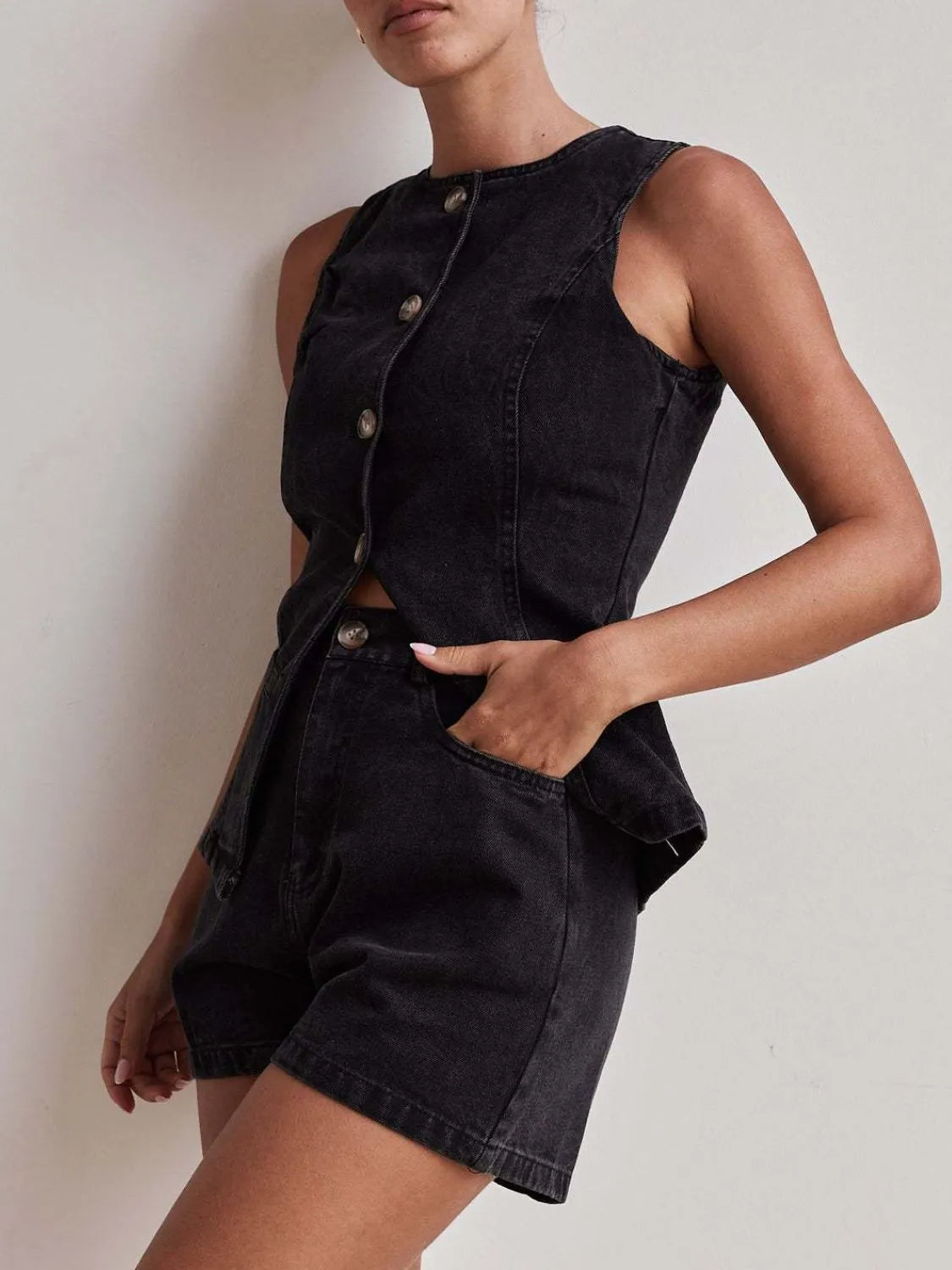 Button Down Vest and Shorts Denim Set-2 Piece Outfit Sets-Krush Kandy, Women's Online Fashion Boutique Located in Phoenix, Arizona (Scottsdale Area)