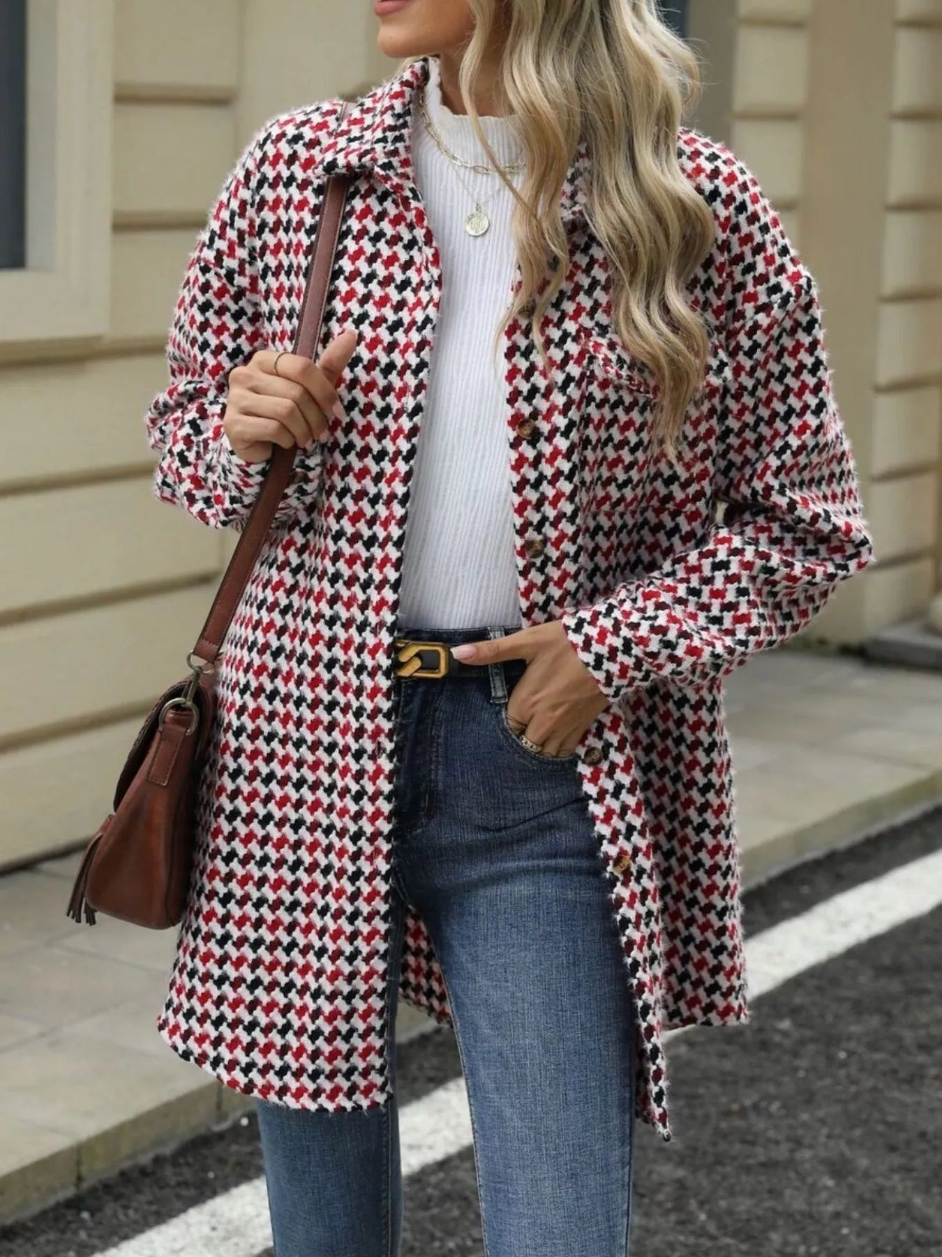 Houndstooth Button Up Long Sleeve Coat-Jacket-Krush Kandy, Women's Online Fashion Boutique Located in Phoenix, Arizona (Scottsdale Area)