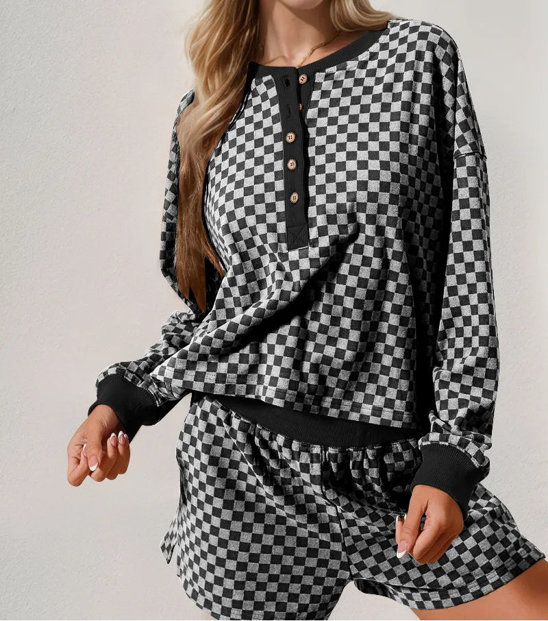 Double Take Checkered Half Button Top and Shorts Set-2 Piece Outfit Sets-Krush Kandy, Women's Online Fashion Boutique Located in Phoenix, Arizona (Scottsdale Area)