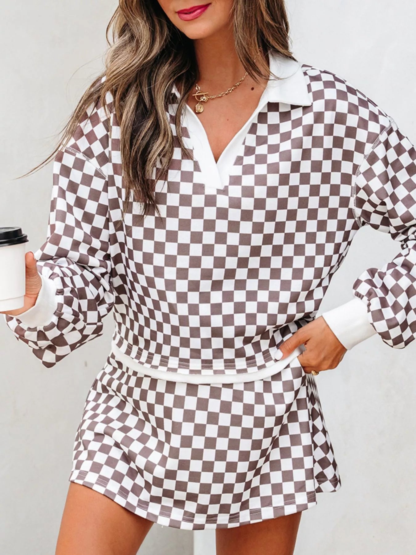 Checkered Print Polo Collar Cropped Long Sleeve Top and Drawstring Mini Skirt Set-2 Piece Outfit Sets-Krush Kandy, Women's Online Fashion Boutique Located in Phoenix, Arizona (Scottsdale Area)
