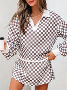 Checkered Print Polo Collar Cropped Long Sleeve Top and Drawstring Mini Skirt Set-2 Piece Outfit Sets-Krush Kandy, Women's Online Fashion Boutique Located in Phoenix, Arizona (Scottsdale Area)