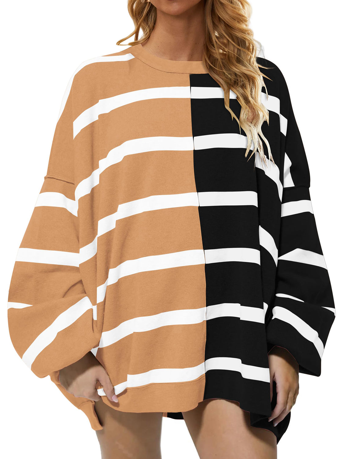 Luxe Half and Half Oversized Stripe Sweater-Sweaters-Krush Kandy, Women's Online Fashion Boutique Located in Phoenix, Arizona (Scottsdale Area)