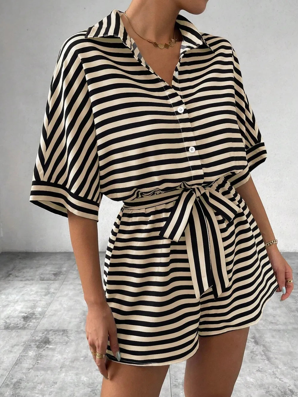 Tie Waist Half Button Striped Romper-Jumpsuits & Rompers-Krush Kandy, Women's Online Fashion Boutique Located in Phoenix, Arizona (Scottsdale Area)