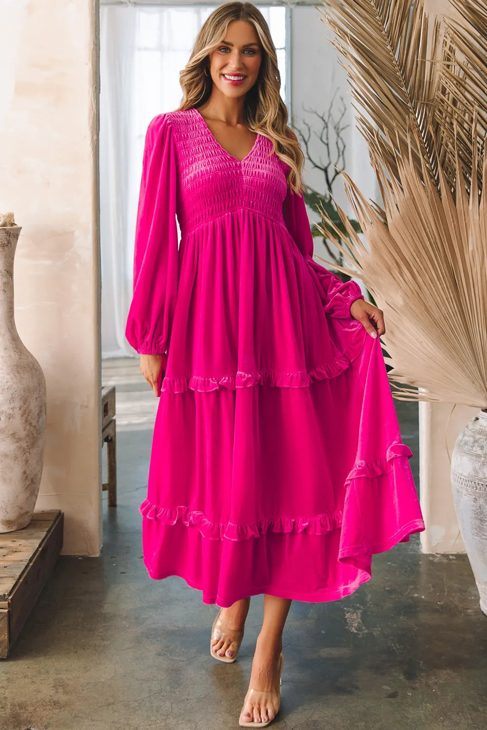 Frill V-Neck Balloon Sleeve Tiered Dress-Dresses-Krush Kandy, Women's Online Fashion Boutique Located in Phoenix, Arizona (Scottsdale Area)