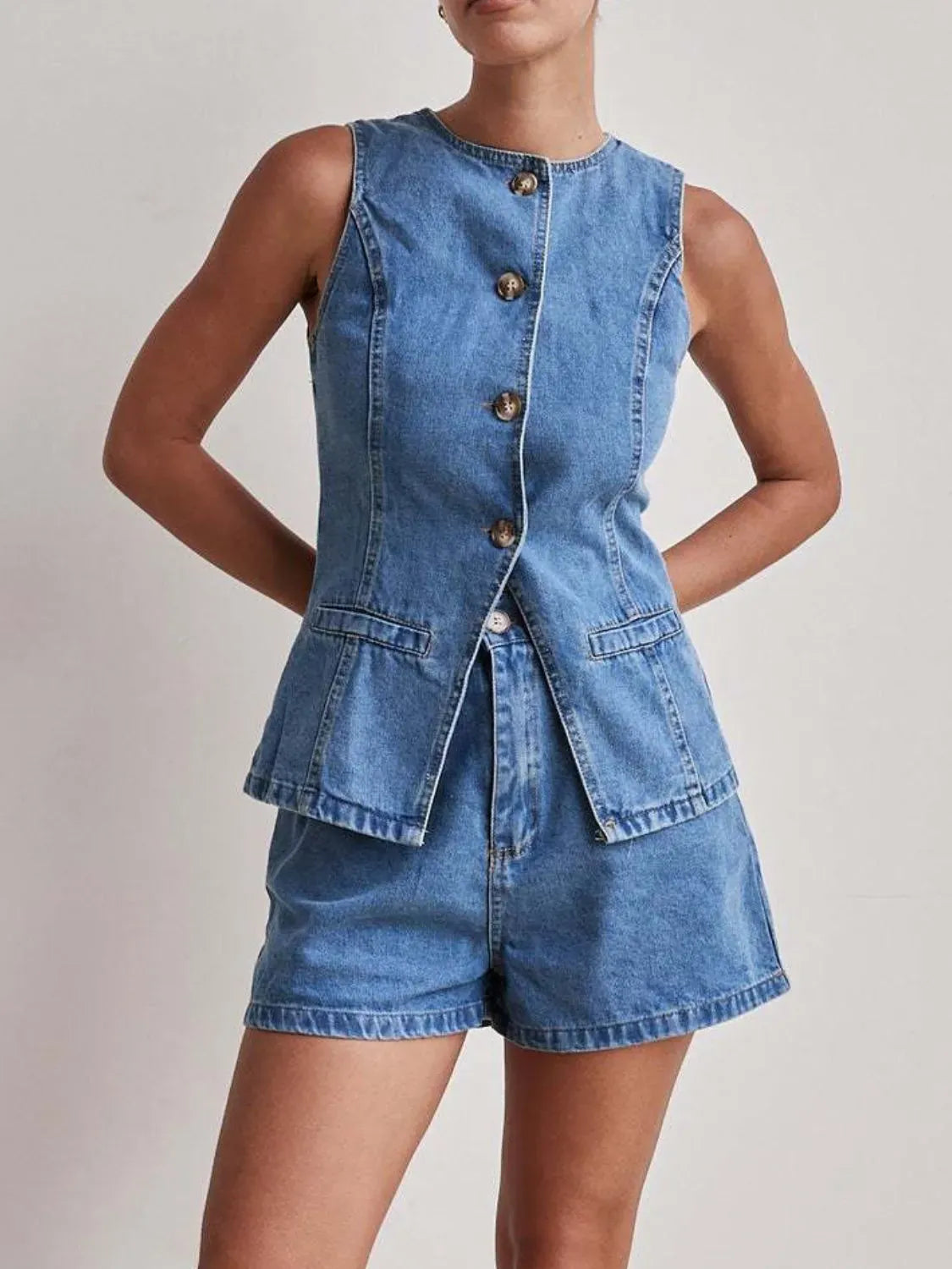 Button Down Vest and Shorts Denim Set-2 Piece Outfit Sets-Krush Kandy, Women's Online Fashion Boutique Located in Phoenix, Arizona (Scottsdale Area)
