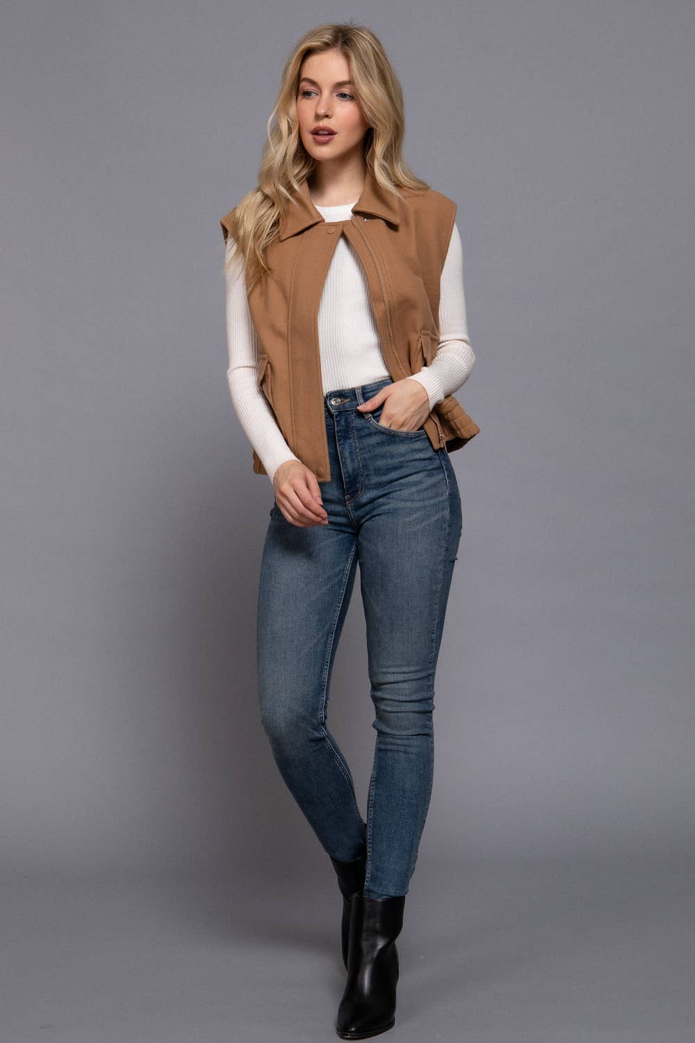 Notched Collar Soft Felt Zip Up Vest-Vests-Krush Kandy, Women's Online Fashion Boutique Located in Phoenix, Arizona (Scottsdale Area)