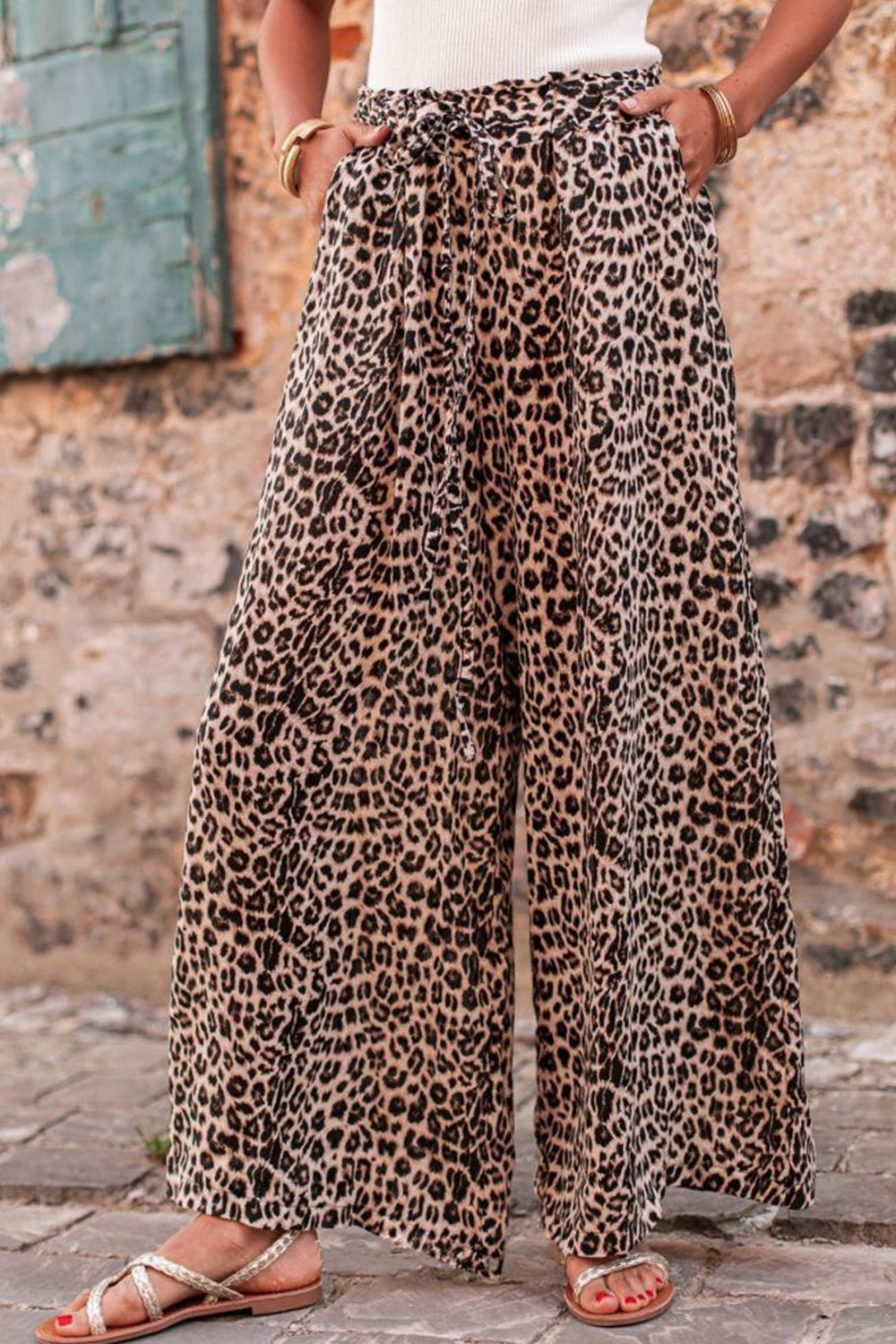 Leopard Drawstring Wide Leg Pants-Pants-Krush Kandy, Women's Online Fashion Boutique Located in Phoenix, Arizona (Scottsdale Area)