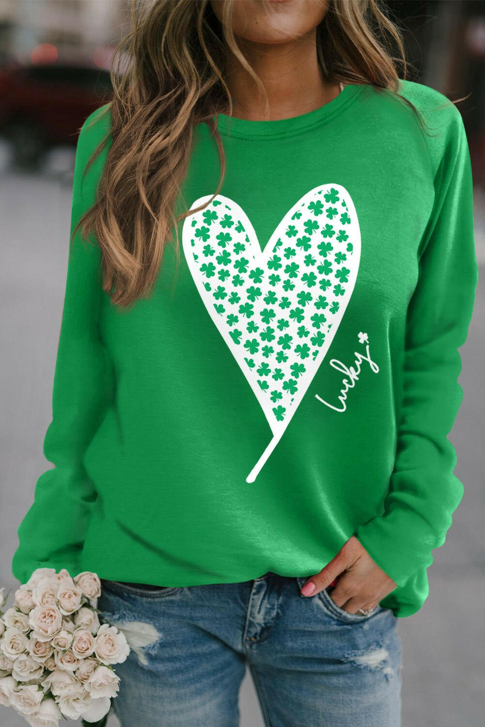 Lucky Clover Heart Graphic Raglan Sleeve Sweatshirt-Graphic Tees-Krush Kandy, Women's Online Fashion Boutique Located in Phoenix, Arizona (Scottsdale Area)