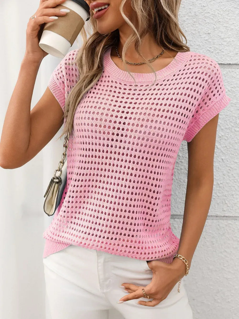 Openwork Round Neck Short Sleeve Knit Cover Up-Krush Kandy, Women's Online Fashion Boutique Located in Phoenix, Arizona (Scottsdale Area)
