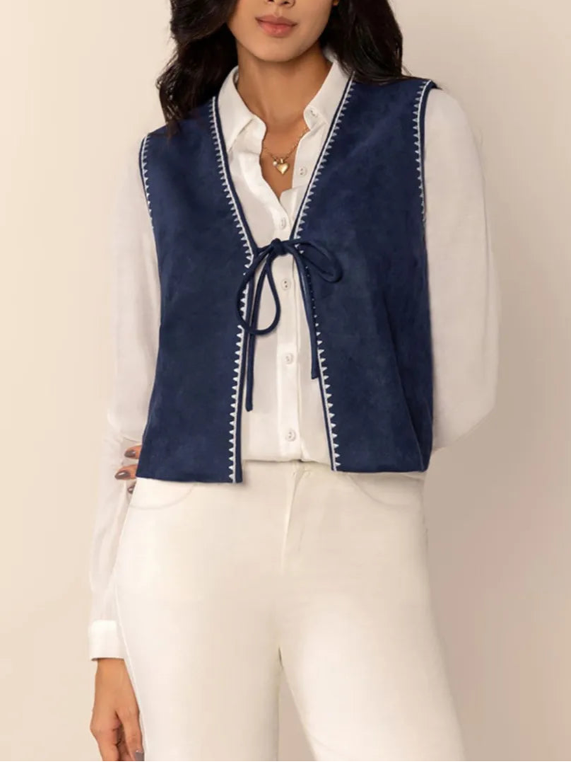 Tied Contrast Trim Vest-Vests-Krush Kandy, Women's Online Fashion Boutique Located in Phoenix, Arizona (Scottsdale Area)