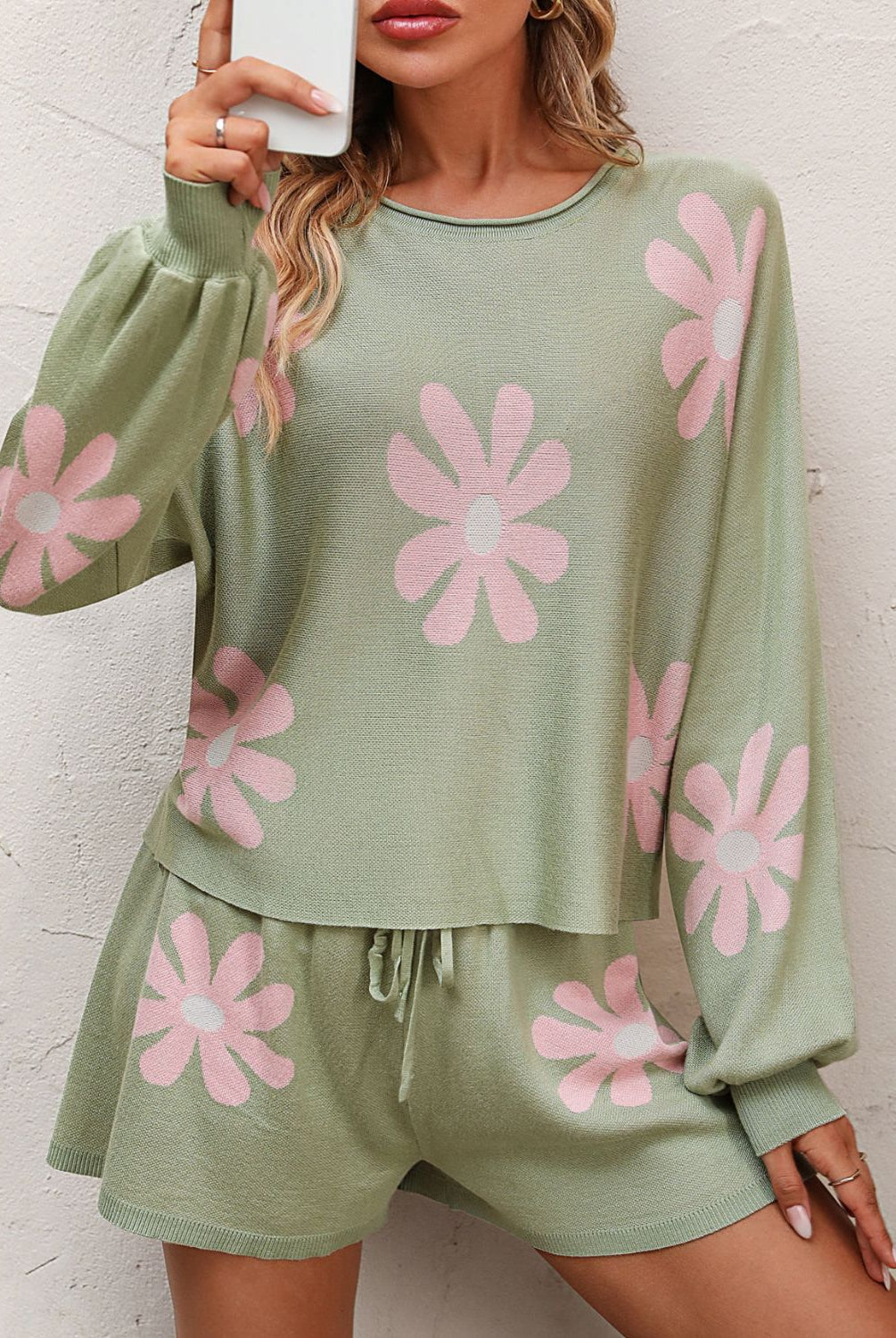 Floral Print Raglan Sleeve Knit Top and Tie Front Sweater Shorts Set-Krush Kandy, Women's Online Fashion Boutique Located in Phoenix, Arizona (Scottsdale Area)