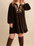 Plus Size Embroidered Notched Balloon Sleeve Mini Dress-Dresses-Krush Kandy, Women's Online Fashion Boutique Located in Phoenix, Arizona (Scottsdale Area)