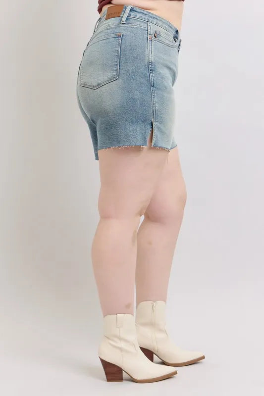Judy Blue Full Size High Waist Vintage Wash Side Slit Denim Shorts Plus Size-Denim-Krush Kandy, Women's Online Fashion Boutique Located in Phoenix, Arizona (Scottsdale Area)