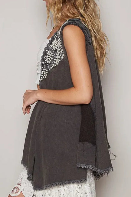 POL Embroidered Pearls Open Front Sleeveless Cardigan-Cardigan-Krush Kandy, Women's Online Fashion Boutique Located in Phoenix, Arizona (Scottsdale Area)