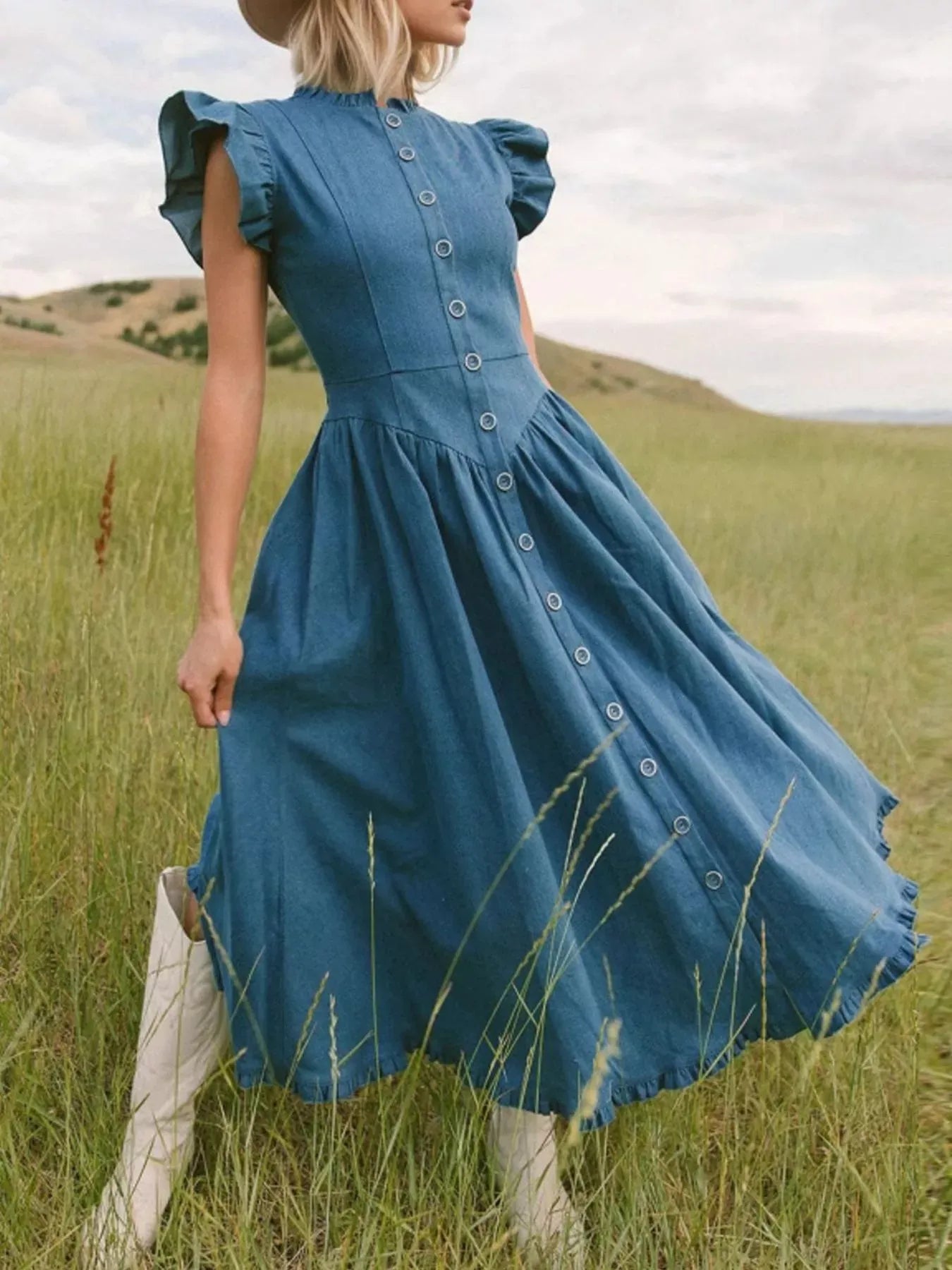 Ruffled Cap Sleeve Denim Dress Navy Blue / XL